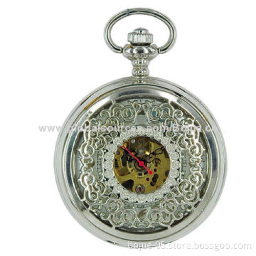 Silver Cover Skeleton Unique Automatic Mechanical Pendant Men's Pocket Watch/Stainless Steel Buckle